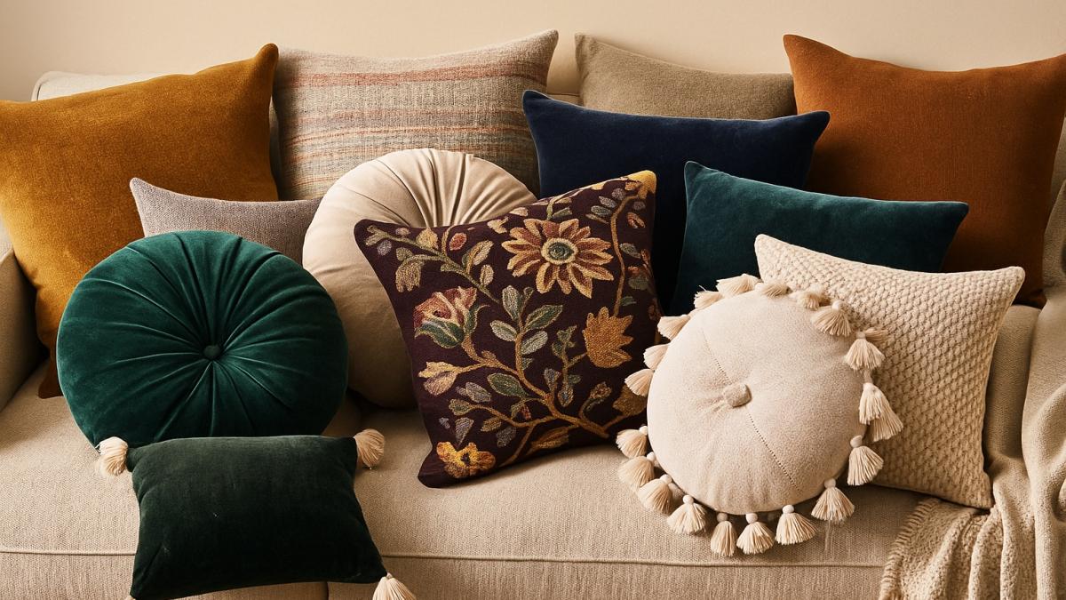 Текстурные подушки на диване, тренды 2025