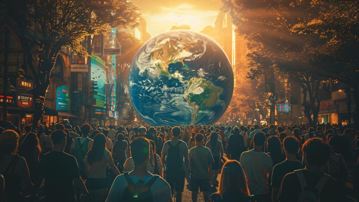 Люди на фоне Земли