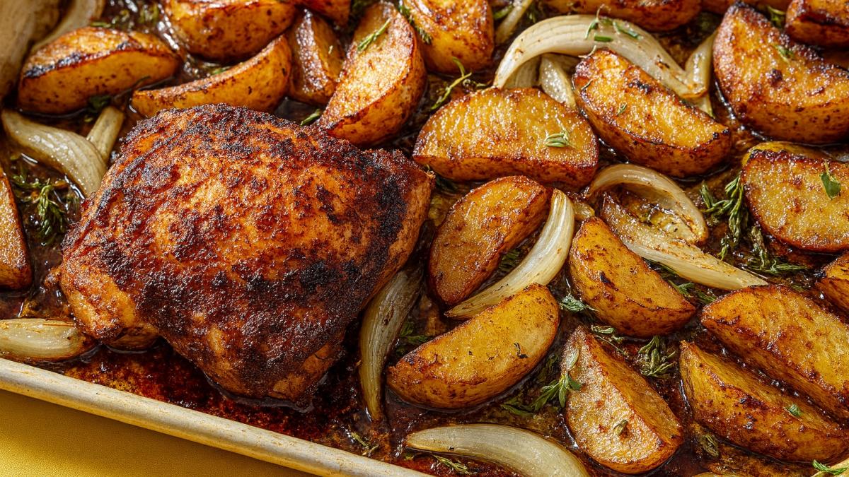 Запечённая курица с картофелем и луком Запечённая курица с картофелем и луком