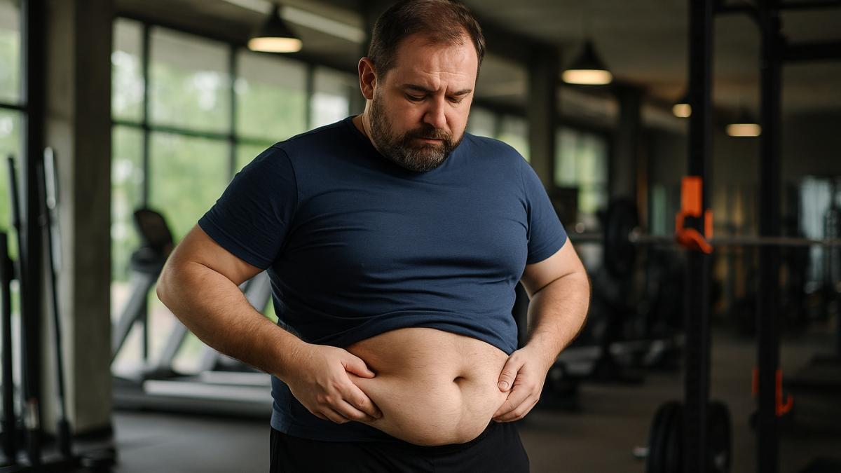Мужчина с животом в спортзале Мужчина с животом в спортзале