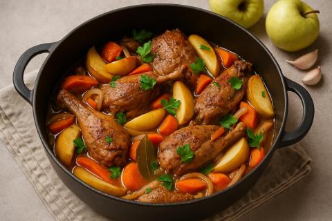 Тушёный гусь с ананасовым соусом и яблоками создаёт праздничное блюдо