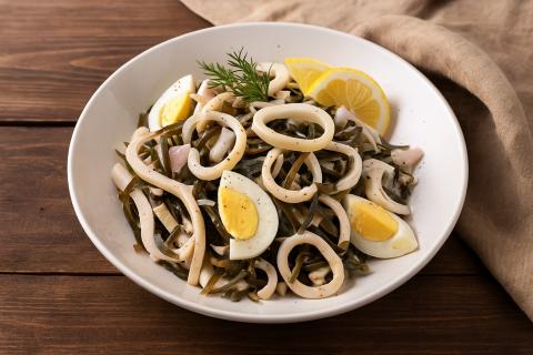 Салат Царский с кальмарами содержит картофель и яблоко — повар