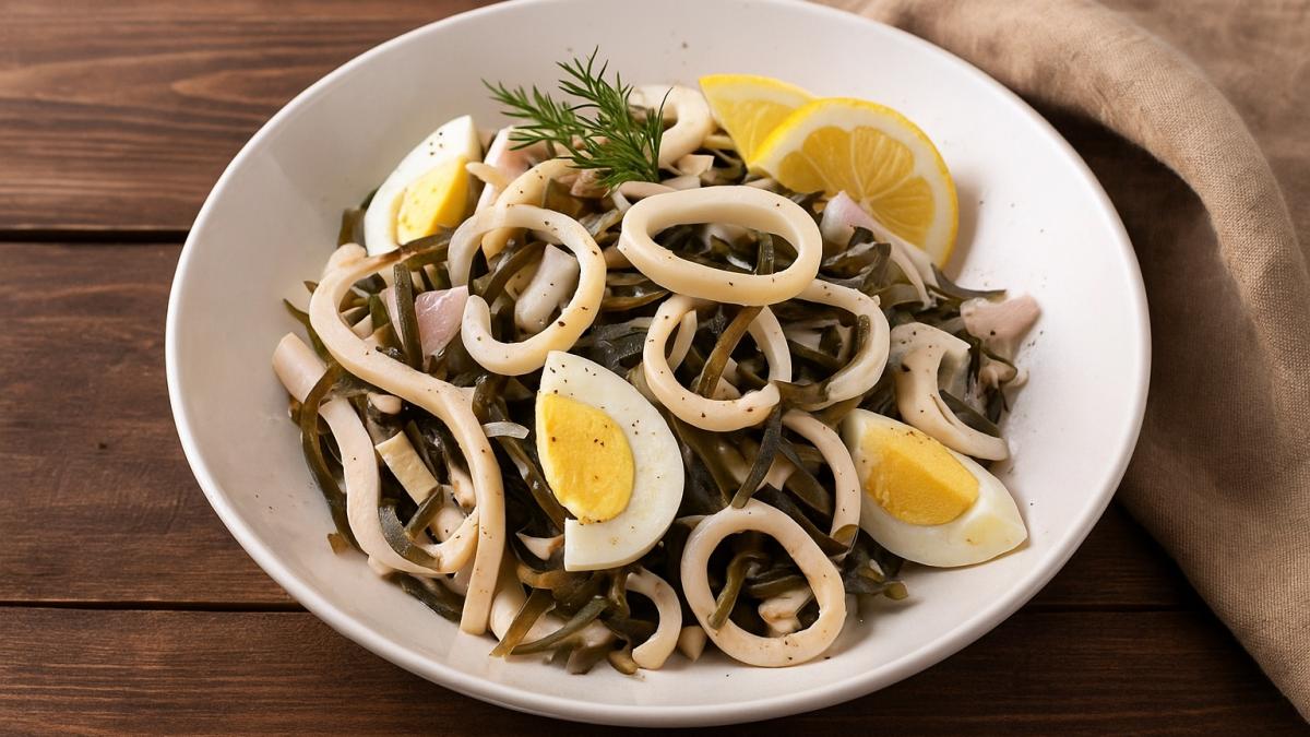 Салат с кальмаром, морской капустой и яйцом