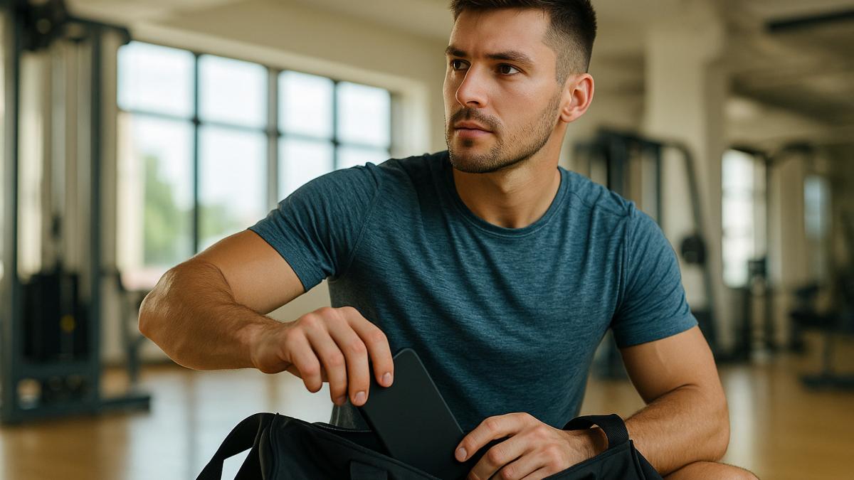 Спортсмен убирает телефон перед тренировкой