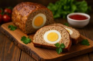 Мясное суфле из фарша запекается в духовке с яйцом в центре для нежной текстуры