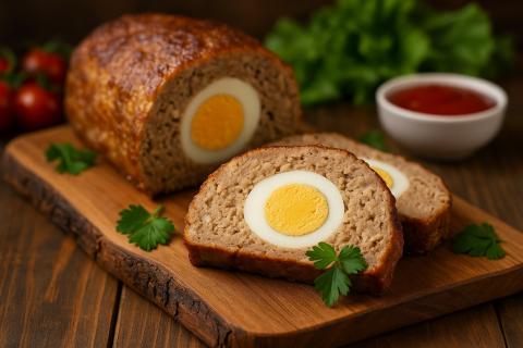 Мясное суфле из фарша запекается в духовке с яйцом в центре для нежной текстуры Мясное суфле из фарша запекается в духовке с яйцом в центре для нежной текстуры