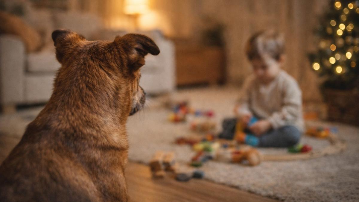 Собака наблюдает за ребенком