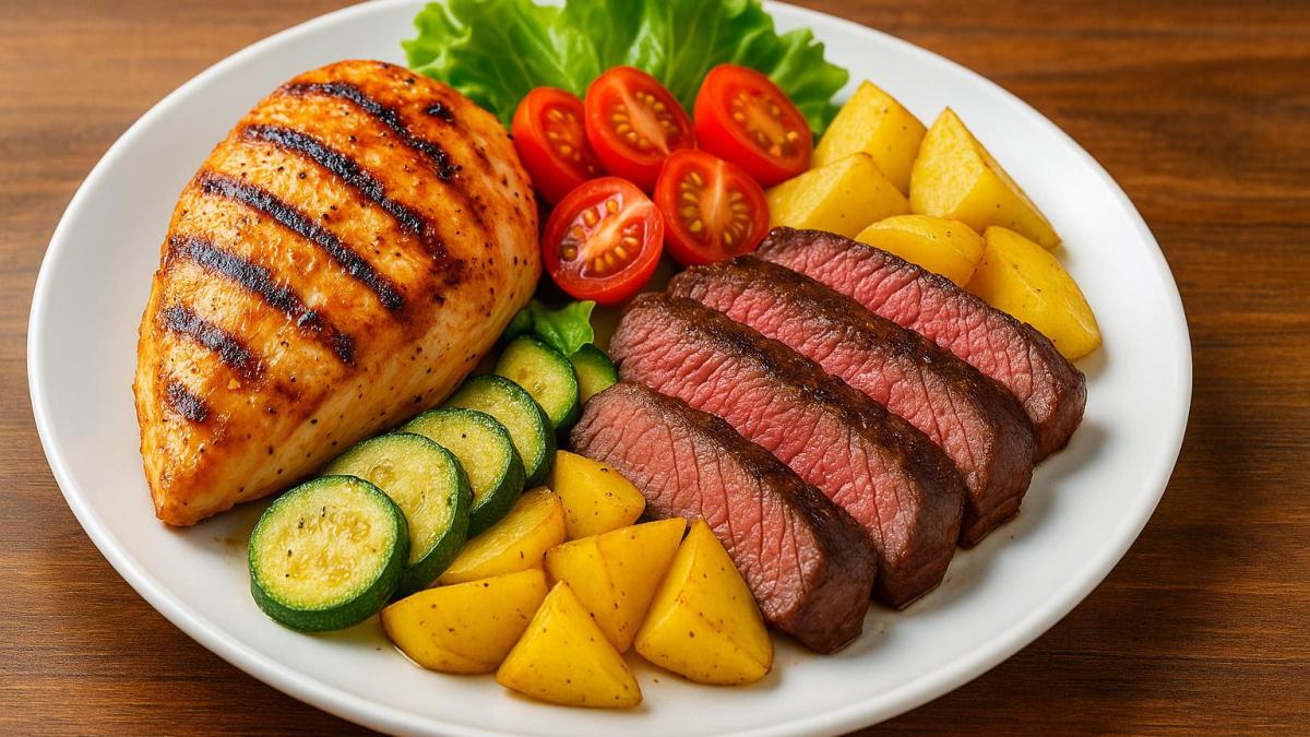 Курица и говядина на тарелке Курица и говядина на тарелке