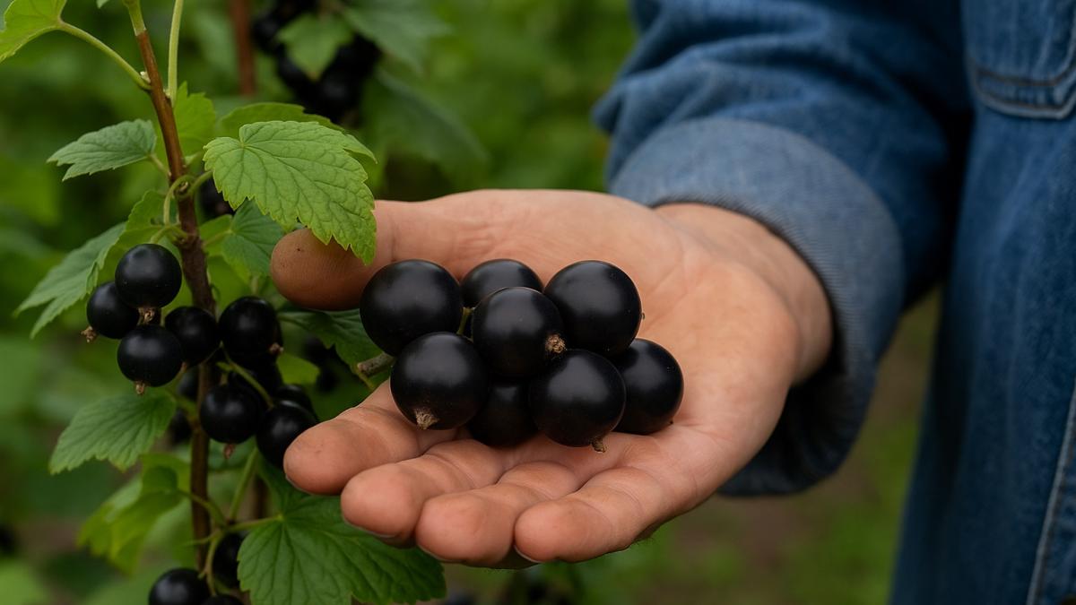 Крупные ягоды смородины на ладони Крупные ягоды смородины на ладони