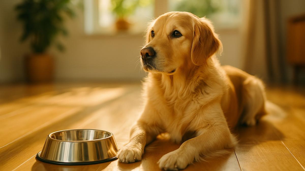 Собака на кухне рядом с миской