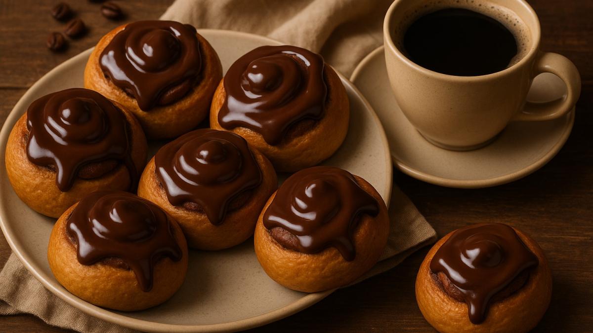 Кофейные булочки с шоколадной глазурью и чашкой кофе