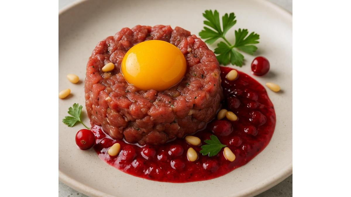 Тартар из говядины с соусом из брусники и кедра Тартар из говядины с соусом из брусники и кедра