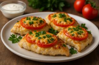 Куриное филе с сыром и помидорами обжаривается на сковороде с кукурузным крахмалом