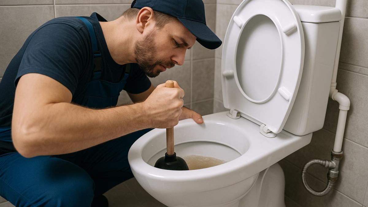 Сантехник устраняет засор в унитазе