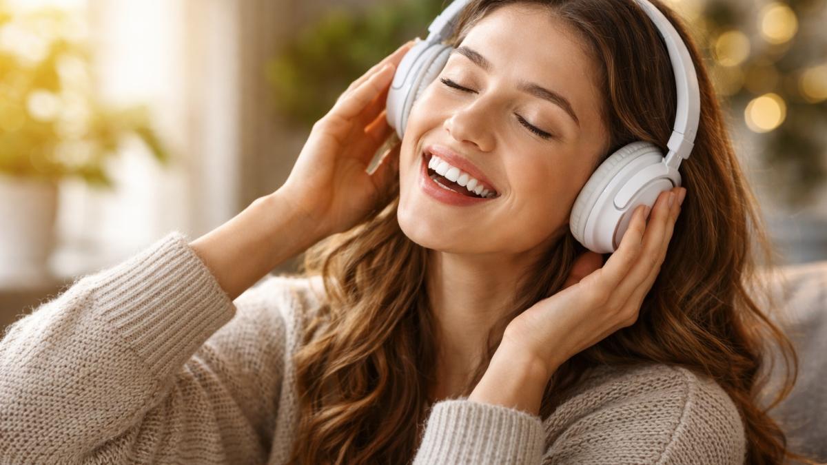 Девушка с хорошим настроением слушает музыку