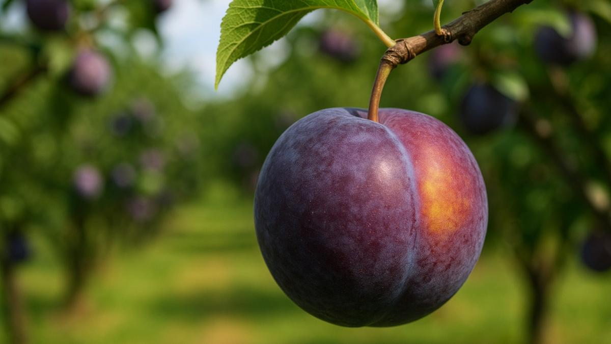 Слива на ветке в солнечном саду