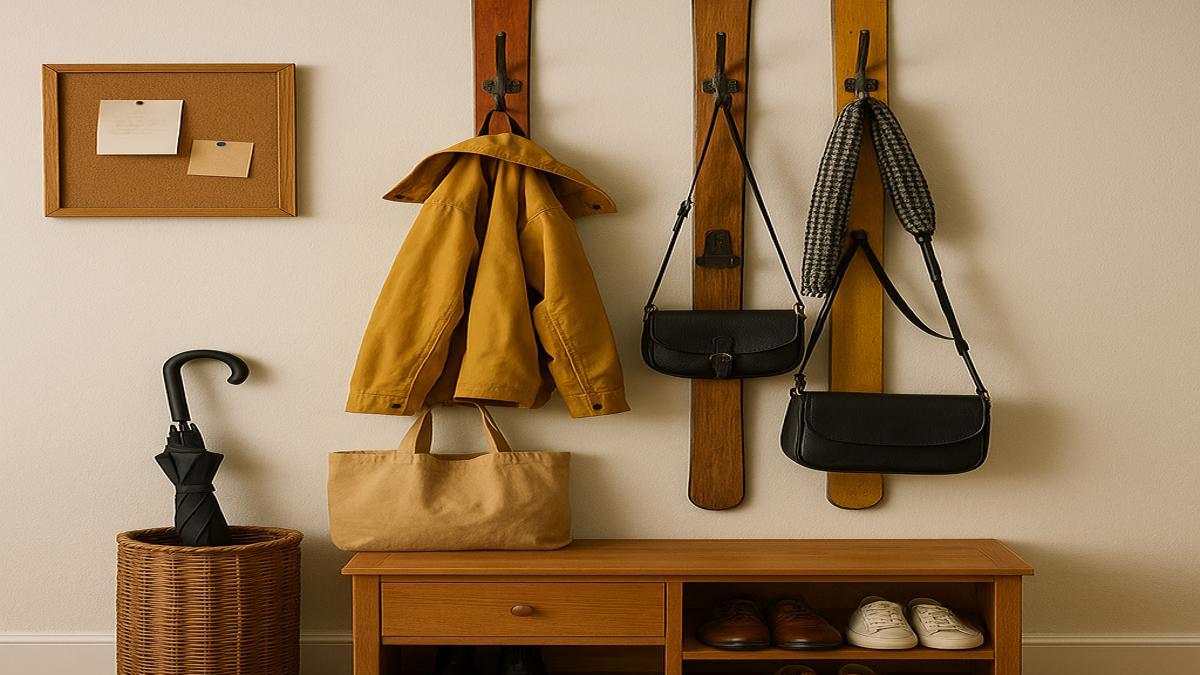 Прихожая с крючками из лыж