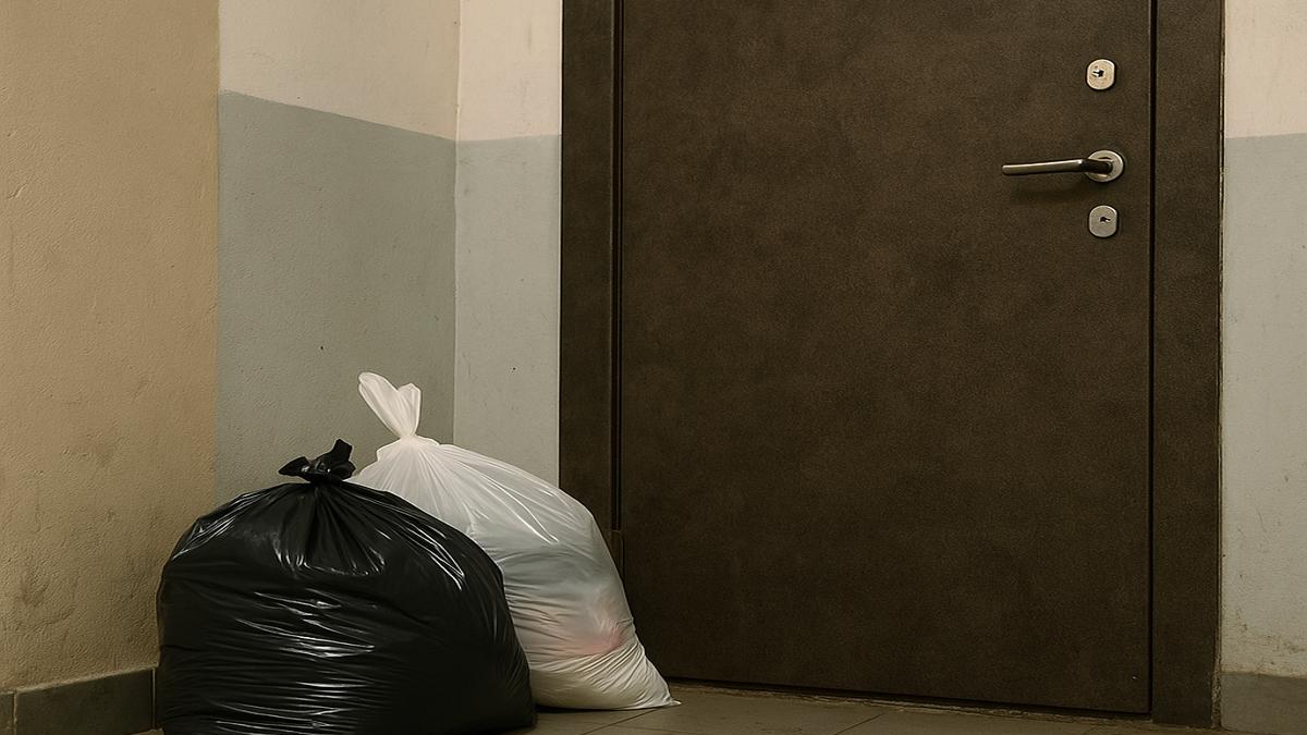 Мусорные пакеты у двери в подъезде