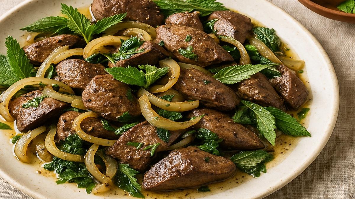 Печень ягнёнка с луком и дикорастущими травами Печень ягнёнка с луком и дикорастущими травами