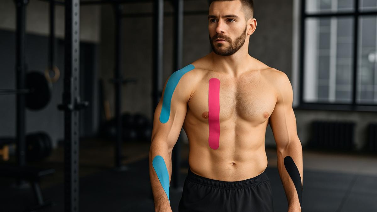 Спортсмен с кинезиотейпами Спортсмен с кинезиотейпами