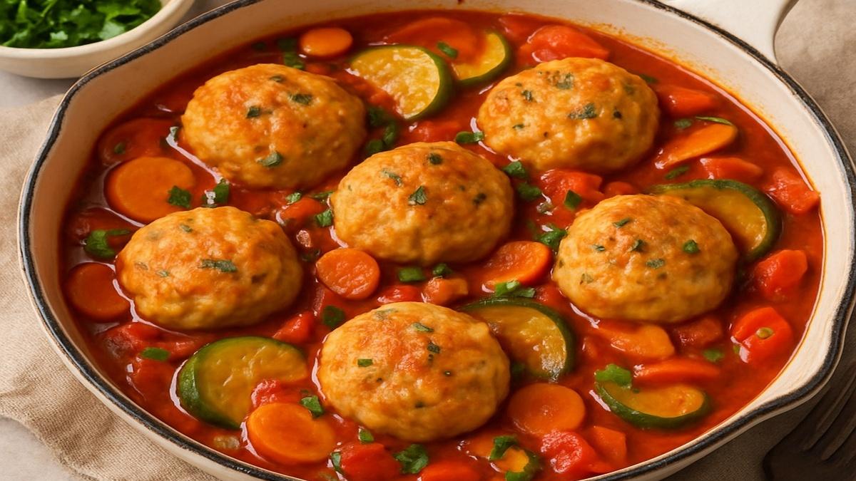 Рыбные тефтели в томатном соусе с овощами