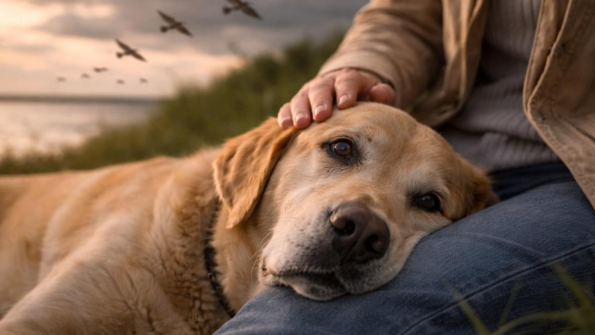 Собака лежит на ногах хозяина