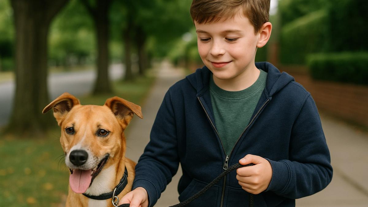 Мальчик гуляет с собакой