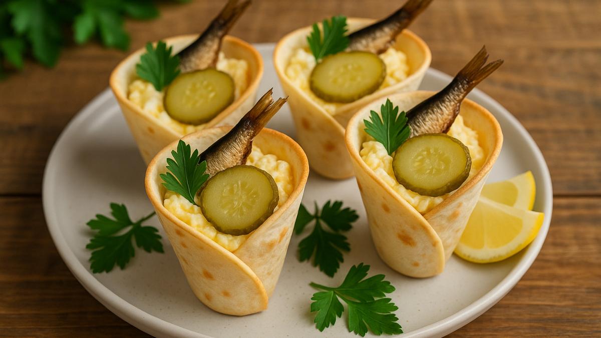 Закуска из тортильи с шпротами и огурцами