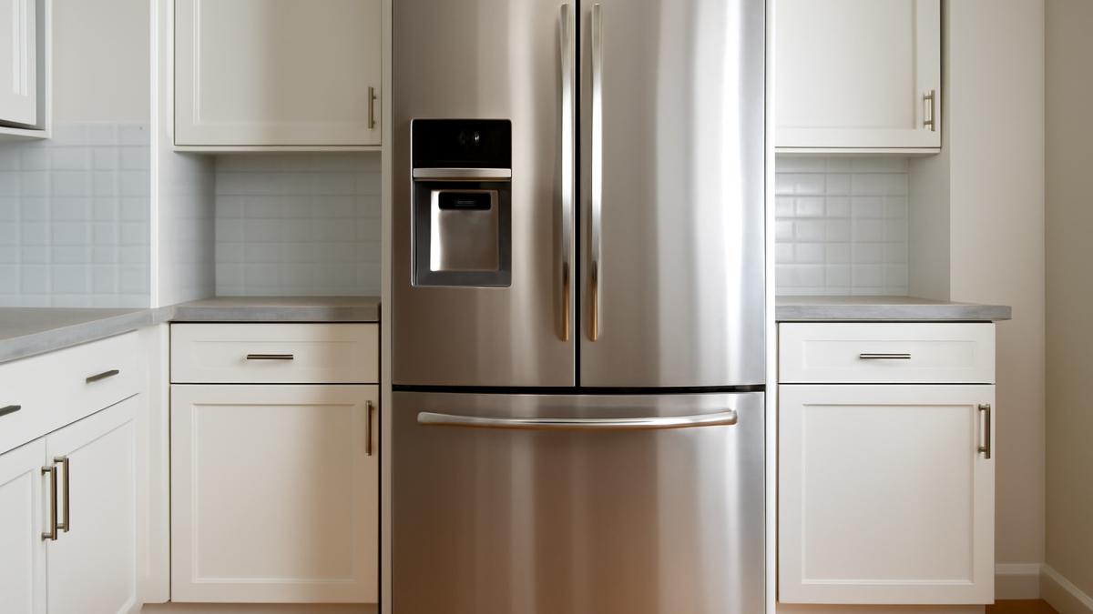 Современный холодильник из нержавеющей стали в современной кухне Современный холодильник из нержавеющей стали в современной кухне