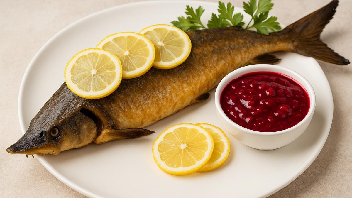 Запечённая стерлядь с брусничным соусом