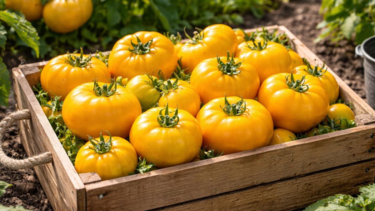 Урожай жёлтых томатов в ящике