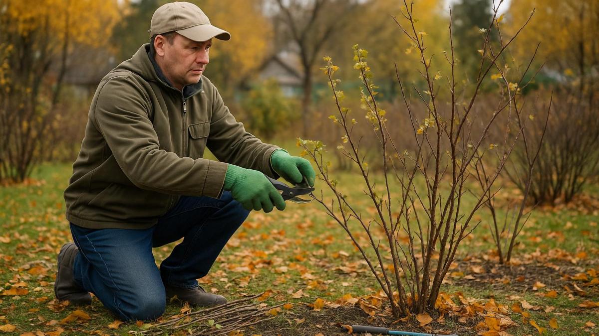 Садовод обрезает кустарники осенью