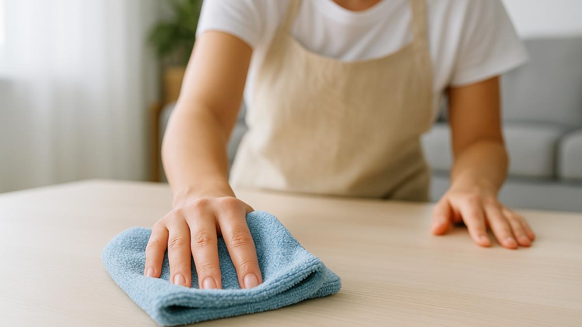 Человек протирает стол салфеткой из микрофибры