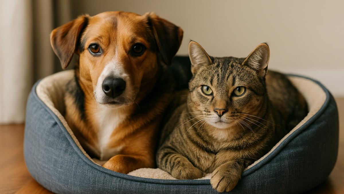 Собака и кошка в лежанке
