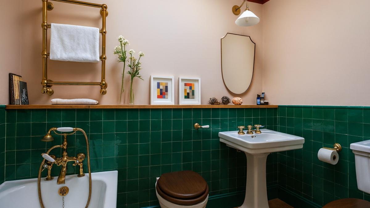 Ванная комната в ретро-стиле с зелёной плиткой