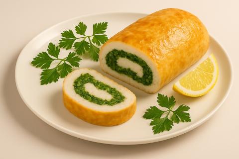 Яичный рулет с сыром и чесноком сохраняет форму при нарезке