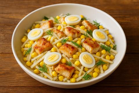 Салат Татьяна с копчёной курицей и ананасами готовится за 25 минут