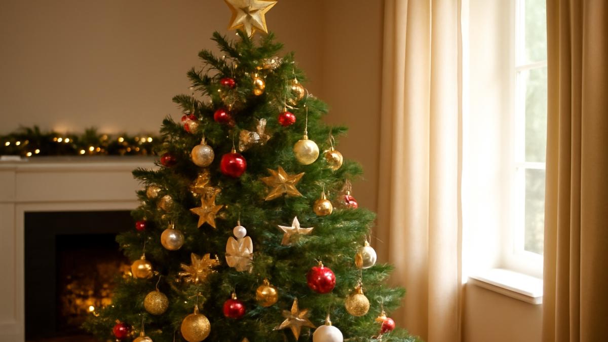 Украшенная новогодняя елка в уютной комнате