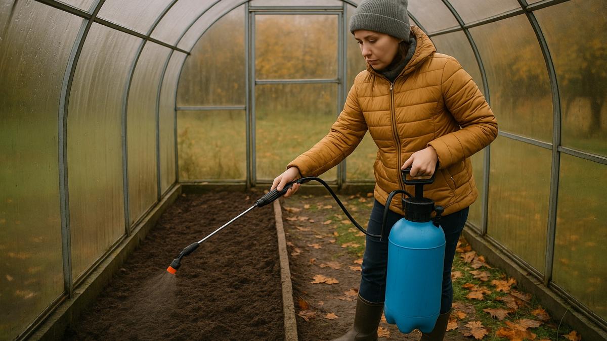 Садовод обрабатывает почву в теплице