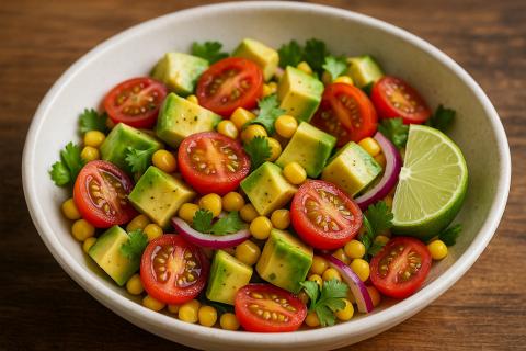 Салат с кукурузой, помидорами и яйцом готовится с маринованным луком для лёгкой пикантности