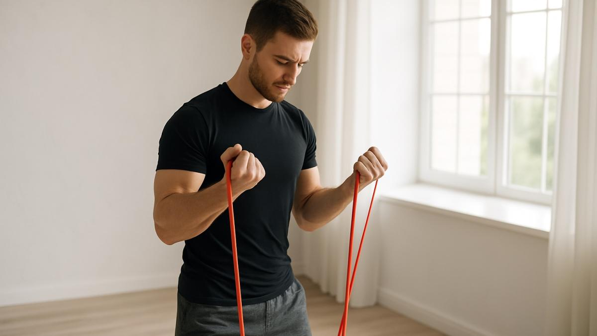Мужчина качает руки с фитнес-резинкой