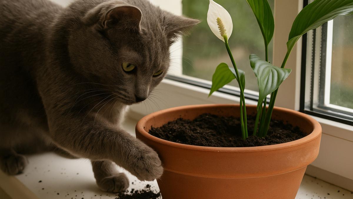Кошка рядом с цветком и рассыпанной землей Кошка рядом с цветком и рассыпанной землей