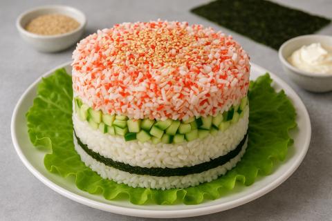 Суши-торт готовят слоями из риса, сёмги, авокадо и соуса — повара