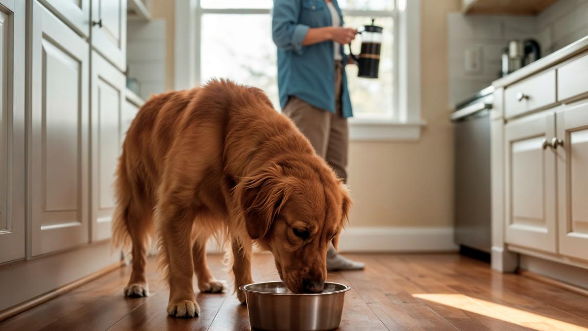 Собака пьет воду на кухне