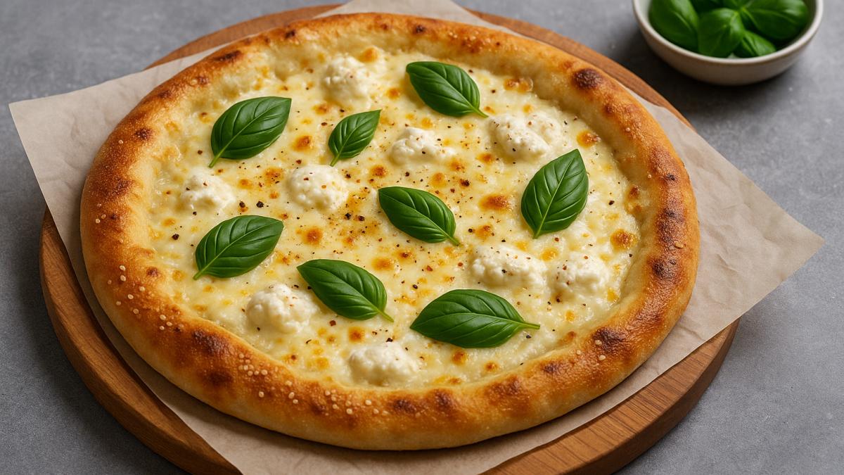 Белая пицца с сыром и базиликом Белая пицца с сыром и базиликом