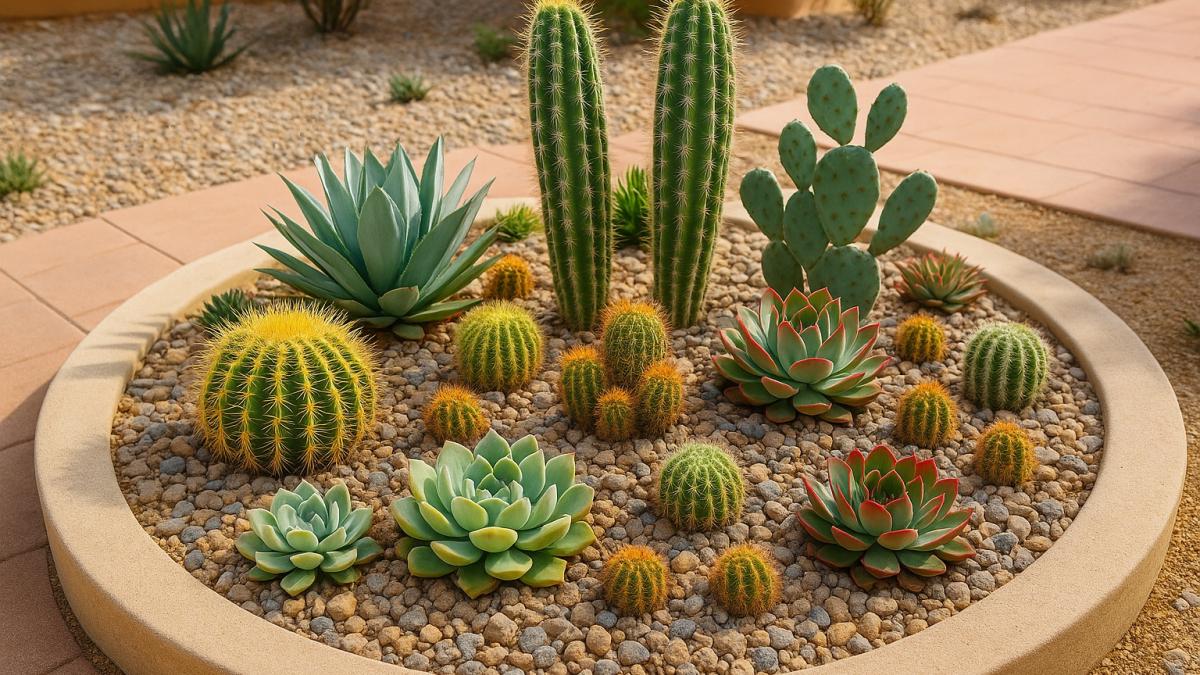 Клумба из кактусов и суккулентов
