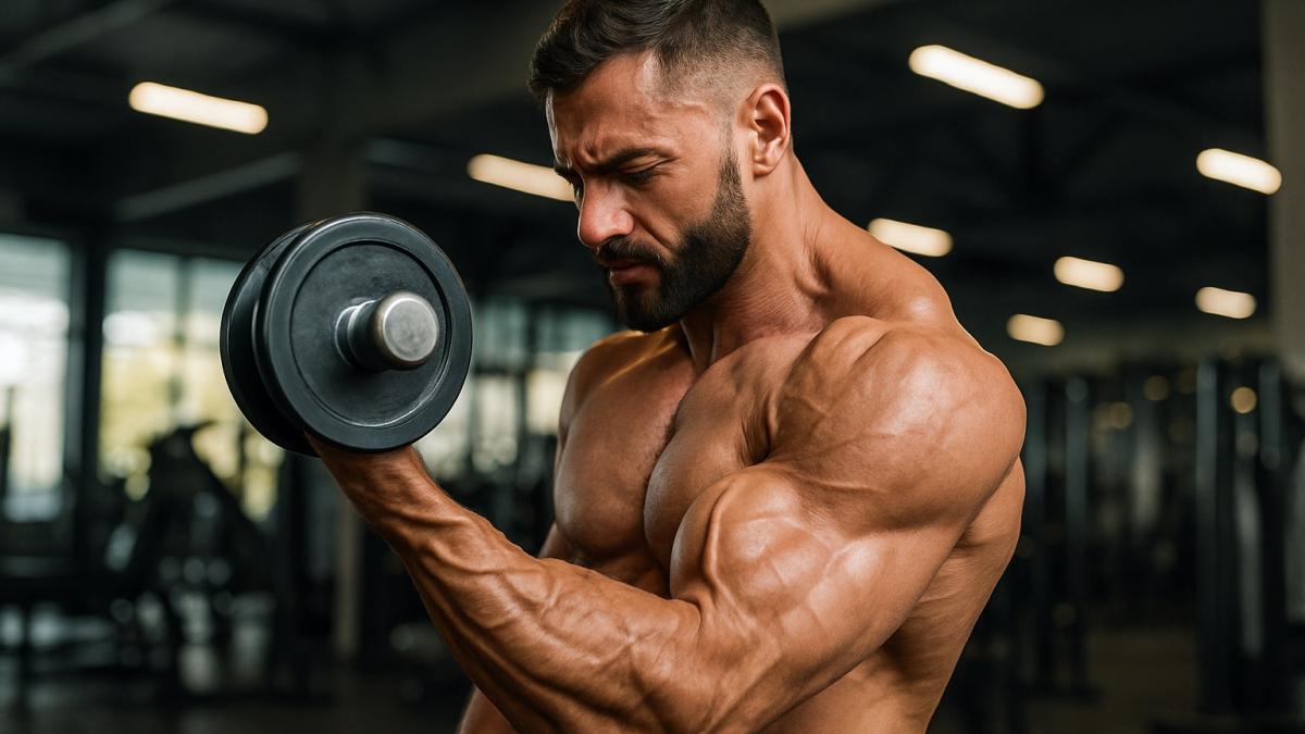 Бодибилдер качает бицепс