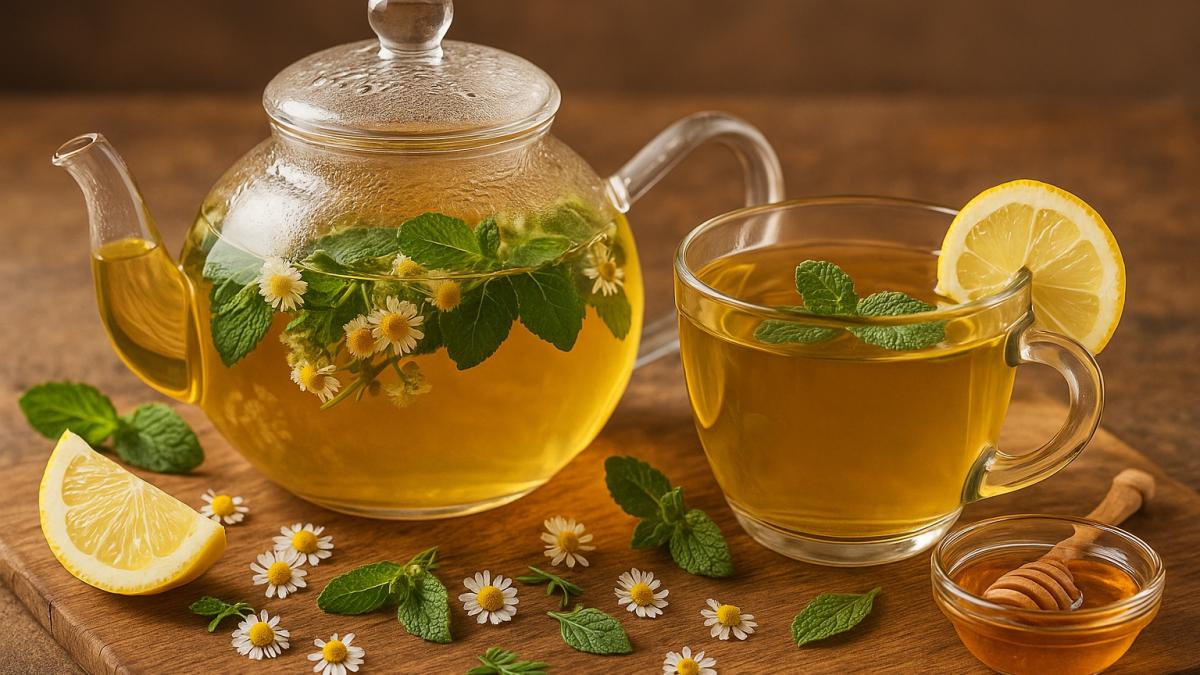 Тёплый травяной чай с ромашкой и мятой