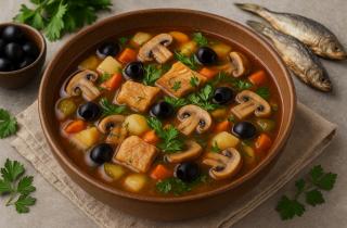 Солянка с копчёностями готовится с солёными огурцами и каперсами для кисло-солёной нотки