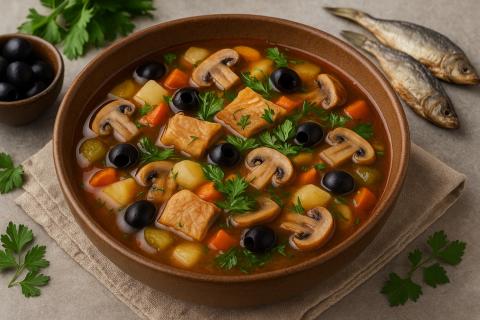 Солянка с копчёностями готовится с солёными огурцами и каперсами для кисло-солёной нотки